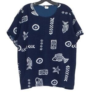 Vintage Top Fish Print Coastal Grandma Beach Boho Nautical Island Boxy Blue 3XL